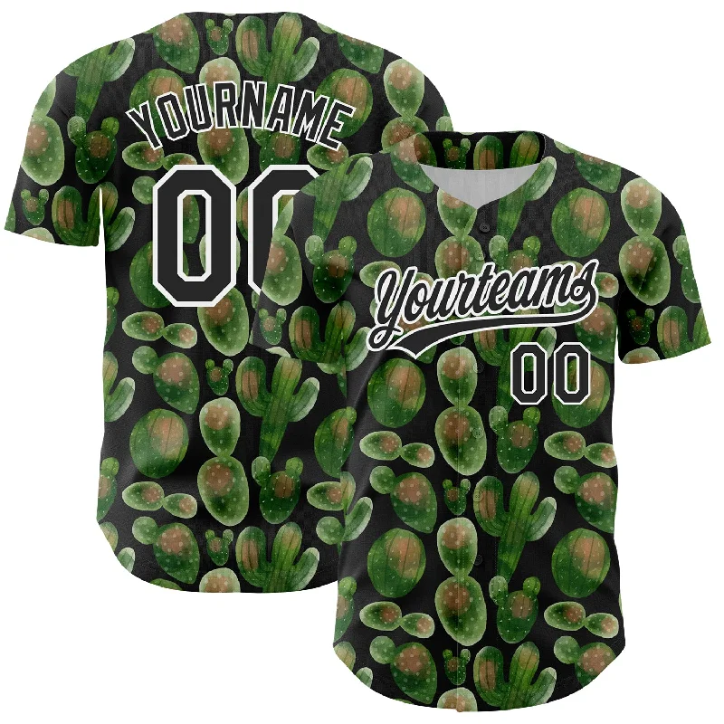 Baseball Jersey With Player Numbers & Designs-Custom Black White 3D Pattern Design Cactus Festival Authentic Baseball Jersey