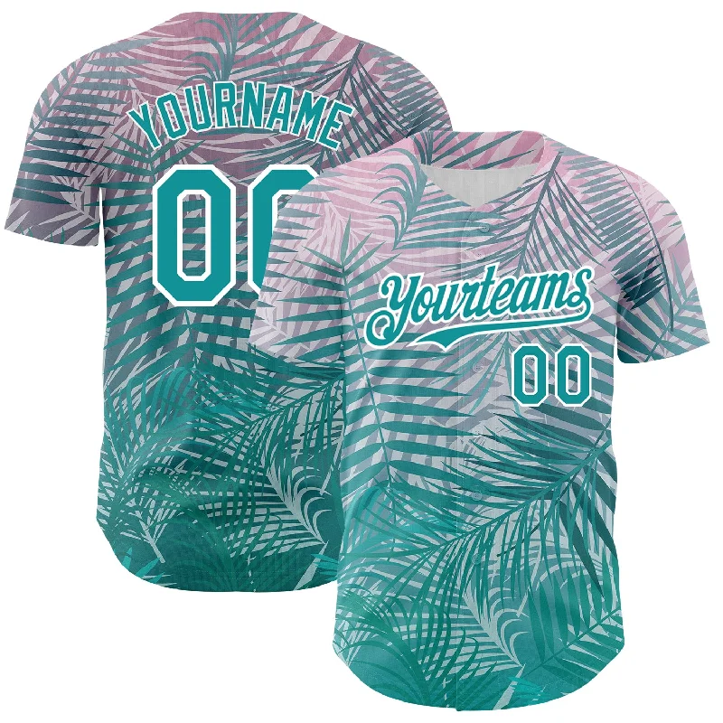 Custom Baseball Jersey For Professional Teams-Custom Teal White 3D Pattern Design Tropical Hawaii Palm Leaves Authentic Baseball Jersey