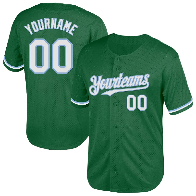 Baseball Jersey With Player Numbers & Designs-Custom Kelly Green White-Light Blue Mesh Authentic Throwback Baseball Jersey