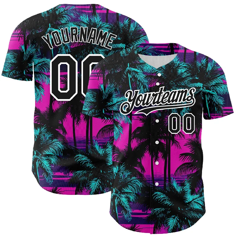 Custom Baseball Jersey For Special Teams Merchandise-Custom Pink Black-White 3D Pattern Design Beach Hawaii Palm Trees Authentic Baseball Jersey