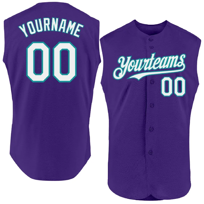 Baseball Jersey With Custom Text-Custom Purple White-Teal Authentic Sleeveless Baseball Jersey