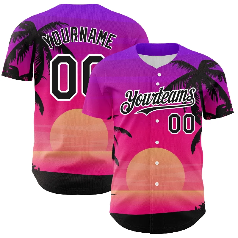 Custom Baseball Jersey For Seasonal Sales-Custom Purple Black-White 3D Pattern Design Beach Hawaii Palm Trees Authentic Baseball Jersey