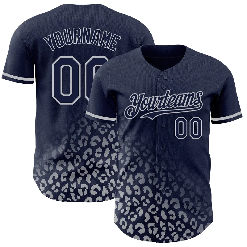 Custom Baseball Jersey For Youth Baseball Teams-Custom Navy Gray 3D Pattern Design Leopard Print Fade Fashion Authentic Baseball Jersey