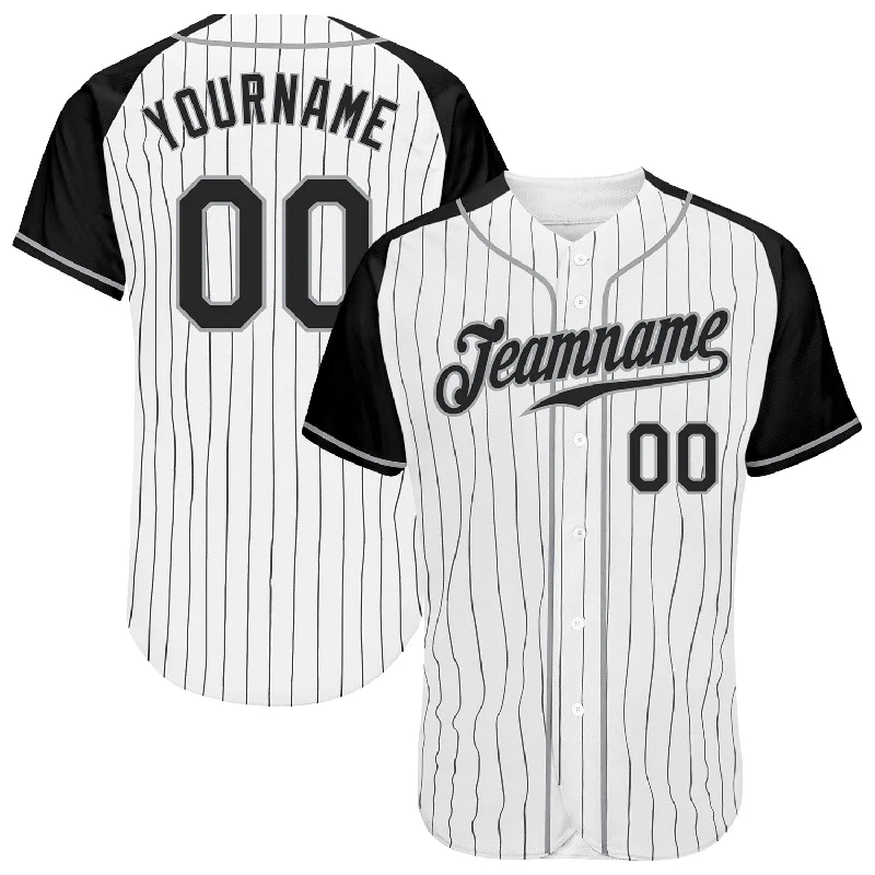 Personalized Baseball Jersey For Team Collaboration-Custom White Black Pinstripe Black-Gray Authentic Raglan Sleeves Baseball Jersey