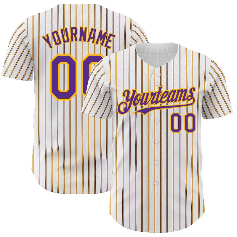 Custom Baseball Jersey For Player Engagement-Custom White (Purple Gold Pinstripe) Purple-Gold Authentic Baseball Jersey