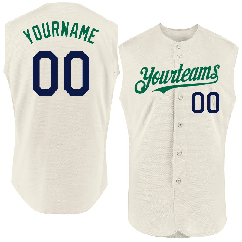 Personalized Baseball Jersey For High School Rivalries-Custom Cream Navy-Kelly Green Authentic Sleeveless Baseball Jersey