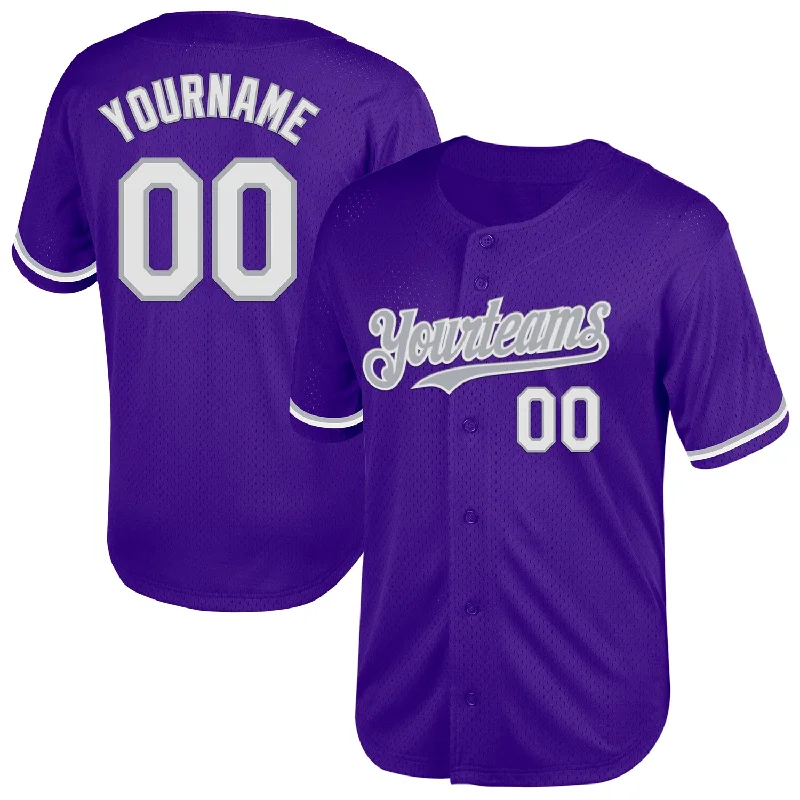 Custom Baseball Jersey For Summer Camps-Custom Purple White-Gray Mesh Authentic Throwback Baseball Jersey