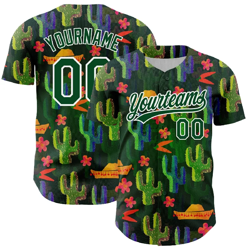 Personalized Baseball Jersey For League Partnerships-Custom Green White 3D Pattern Design Cactus Festival Authentic Baseball Jersey