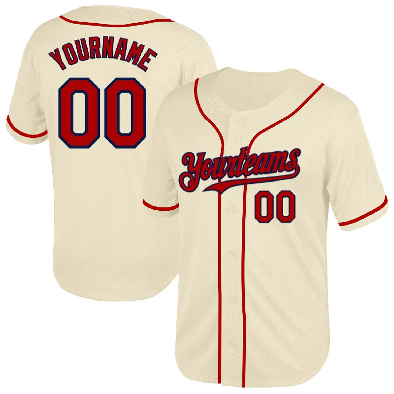 Baseball Jersey For Local Sports Events-Custom Cream Red-Navy Mesh Authentic Throwback Baseball Jersey