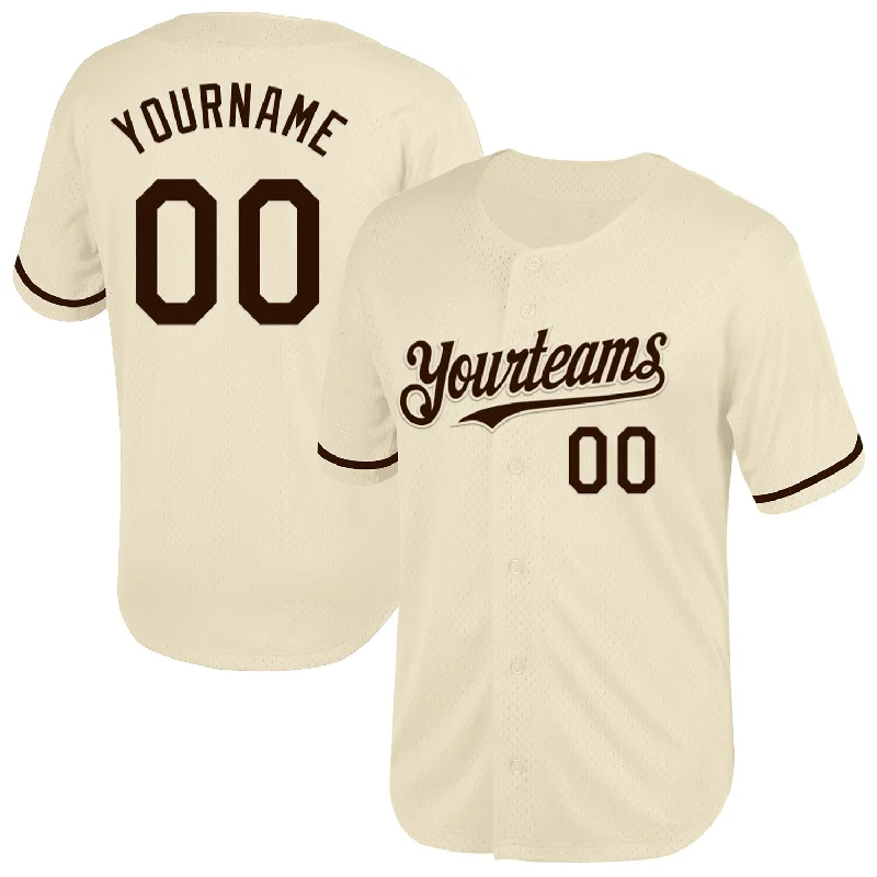 Custom Baseball Jersey For Women-Custom Cream Brown Mesh Authentic Throwback Baseball Jersey