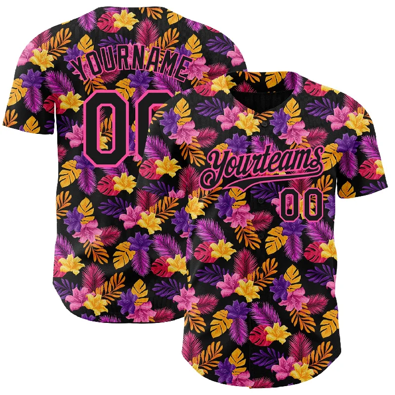 Baseball Jersey With Custom Player Names-Custom Black Pink 3D Pattern Design Tropical Flower And Hawaii Palm Leaves Authentic Baseball Jersey