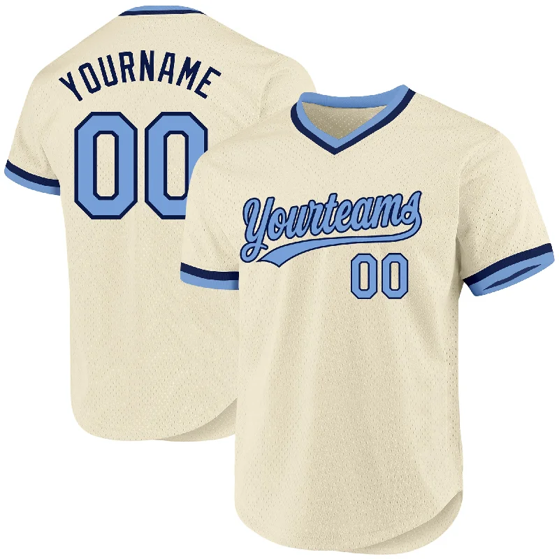 Personalized Baseball Jersey For School Competitions-Custom Cream Light Blue-Navy Authentic Throwback Baseball Jersey