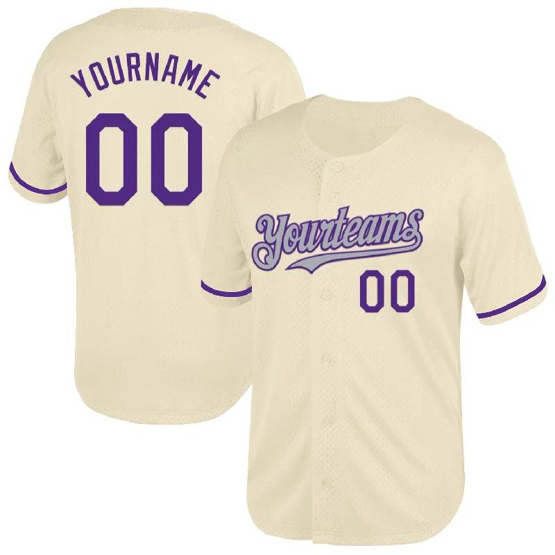 Custom Baseball Jersey For Children’s Teams-Custom Cream Purple-Gray Mesh Authentic Throwback Baseball Jersey