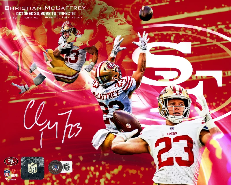 Custom Rugby Helmet With Custom Fit-Christian McCaffrey Autographed 8x10 Photo San Francisco 49ers Rushing, Receiving & Passing Touchdown Trifecta Collage Beckett BAS QR