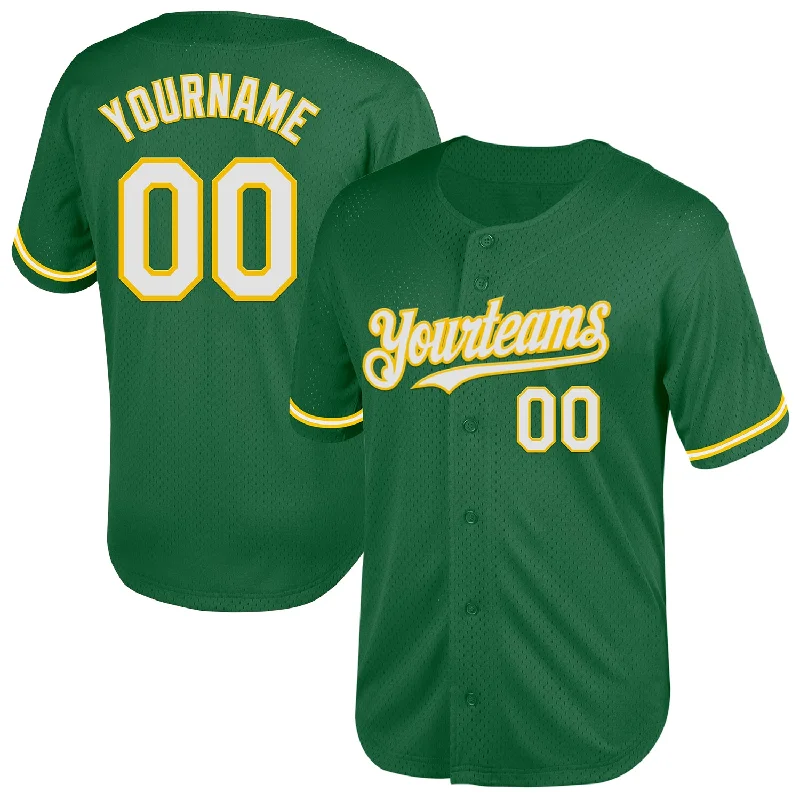 Personalized Baseball Jersey For Official Team Kits-Custom Kelly Green White-Yellow Mesh Authentic Throwback Baseball Jersey