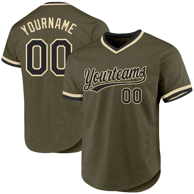 Custom Baseball Jersey For College Spirit-Custom Olive Black-Cream Authentic Throwback Salute To Service Baseball Jersey