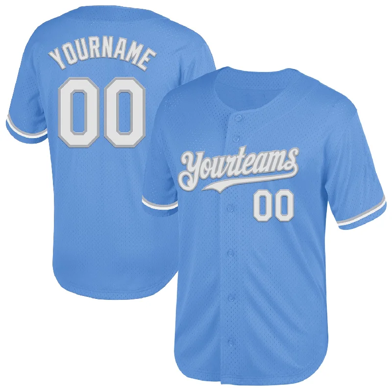 Baseball Jersey With Custom Team Photos-Custom Light Blue White-Gray Mesh Authentic Throwback Baseball Jersey