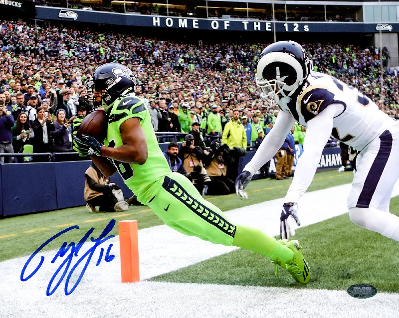 Personalized Rugby Helmet For Schools & Colleges-Tyler Lockett Autographed 8x10 Photo Seattle Seahawks Toe Tap Touchdown vs. Rams MCS Holo