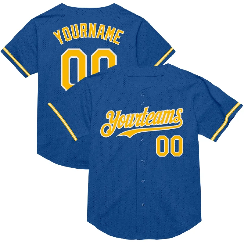 Personalized Baseball Jersey For Team Performance-Custom Blue Gold-White Mesh Authentic Throwback Baseball Jersey