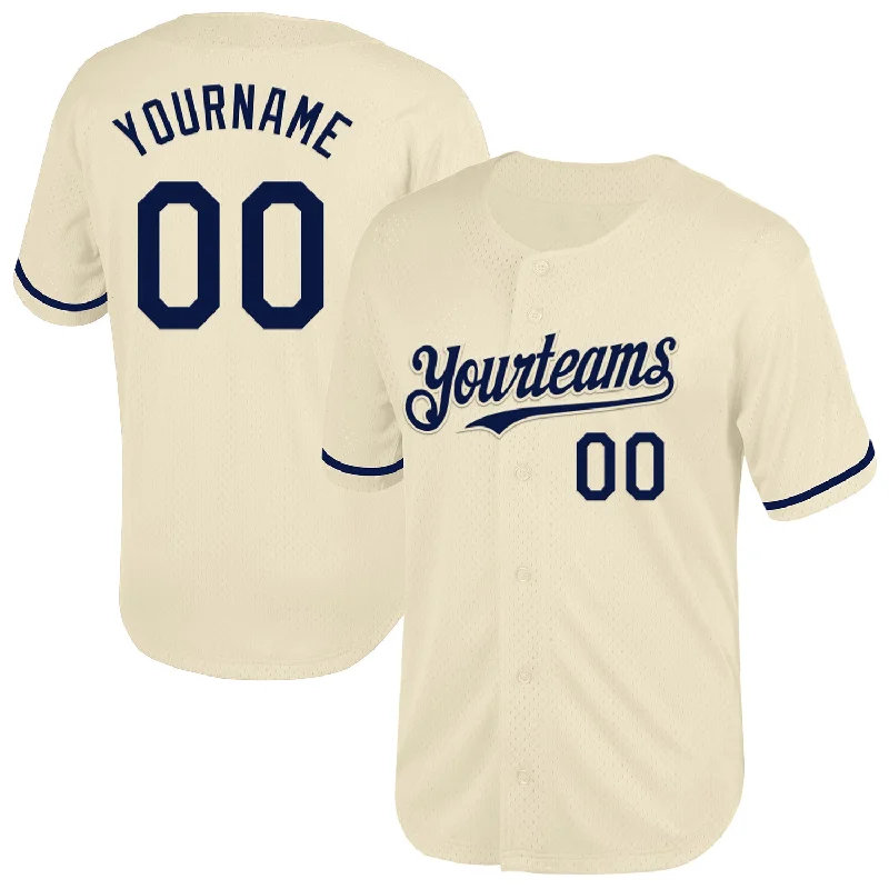 Custom Baseball Jersey For Fan Appreciation Day-Custom Cream Navy Mesh Authentic Throwback Baseball Jersey