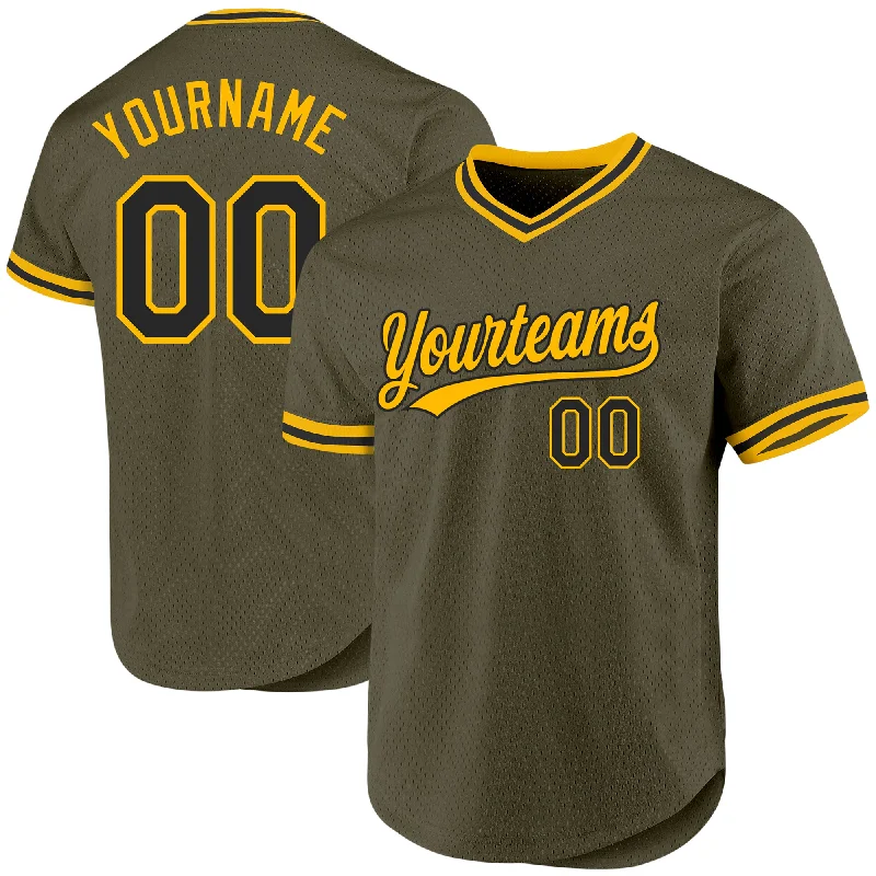 Baseball Jersey For School Spirit Week-Custom Olive Black-Gold Authentic Throwback Salute To Service Baseball Jersey