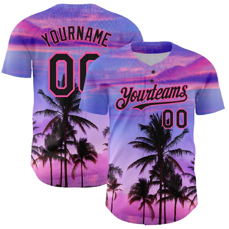 Custom Baseball Jersey For Limited Edition Designs-Custom Purple Black-Pink 3D Pattern Design Hawaii Palm Trees Authentic Baseball Jersey