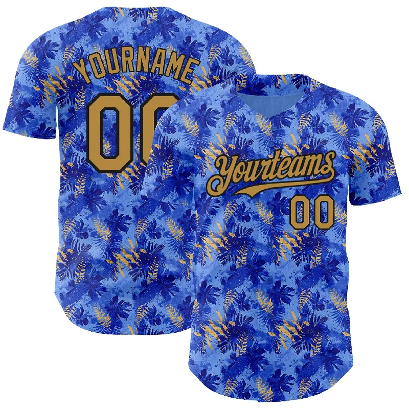 Baseball Jersey For Special League Teams-Custom Light Blue Old Gold-Black 3D Pattern Design Tropical Hawaii Palm Leaves Authentic Baseball Jersey