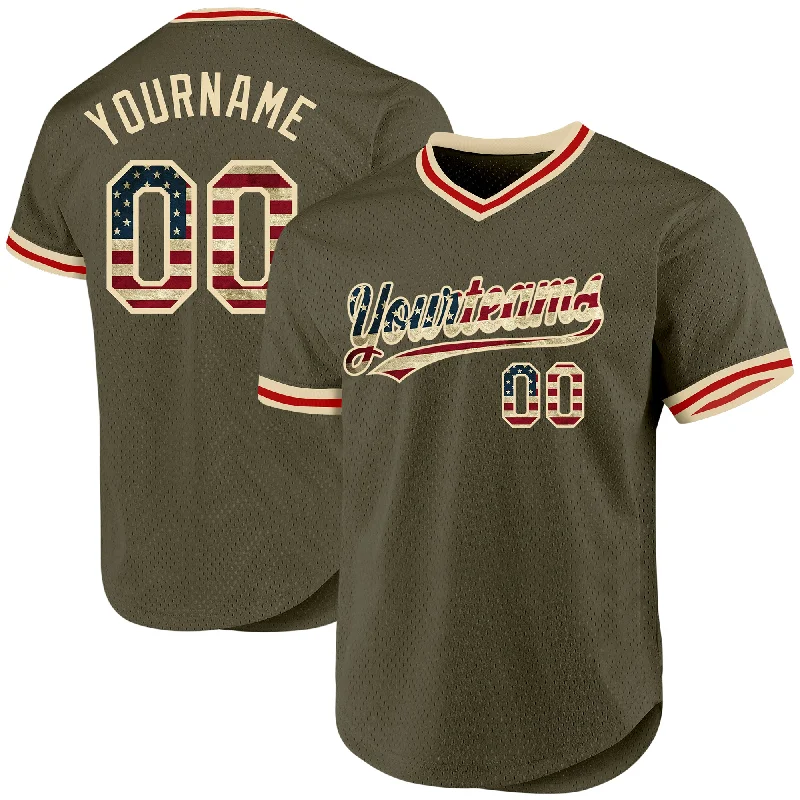 Custom Baseball Jersey For Local Leagues-Custom Olive Vintage USA Flag Cream-Red Authentic Throwback Salute To Service Baseball Jersey