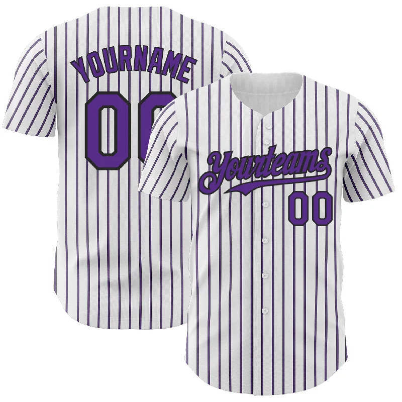 Baseball Jersey With Custom Name & Number-Custom White (Black Purple Pinstripe) Purple-Black Authentic Baseball Jersey