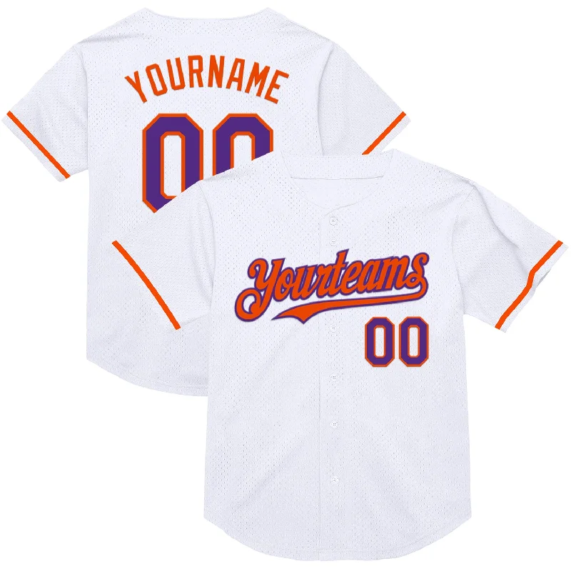 Custom Baseball Jersey For Summer Camps-Custom White Purple-Orange Mesh Authentic Throwback Baseball Jersey