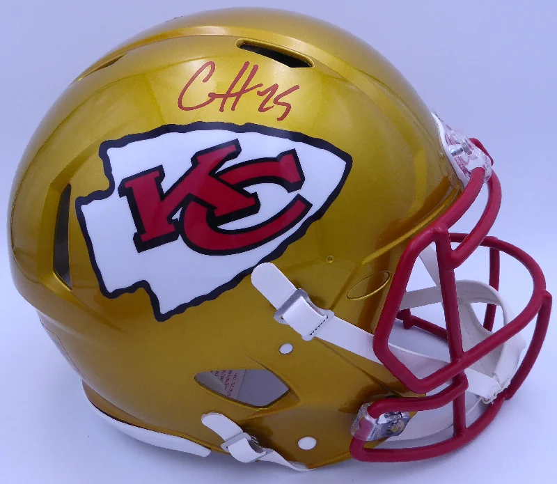 Rugby Helmet For Local Competitions-Clyde Edwards-Helaire Autographed Kansas City Chiefs Flash Gold Authentic Full Size Speed Helmet Beckett BAS QR #WK21042