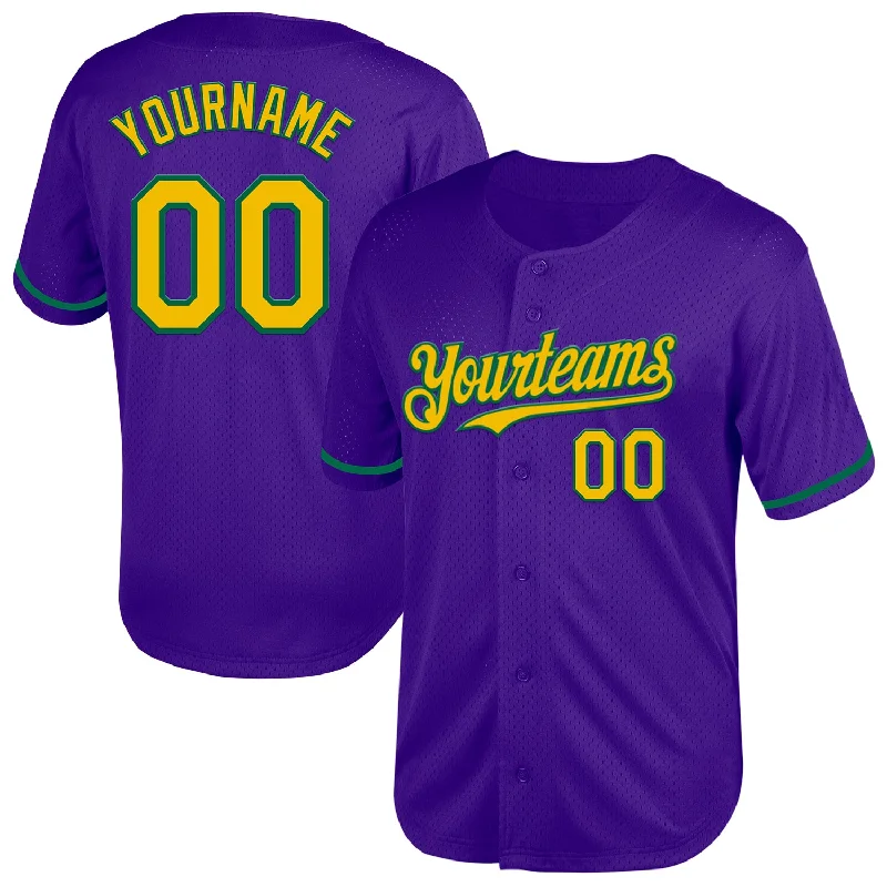 Baseball Jersey With Team Mascot & Design-Custom Purple Yellow-Kelly Green Mesh Authentic Throwback Baseball Jersey