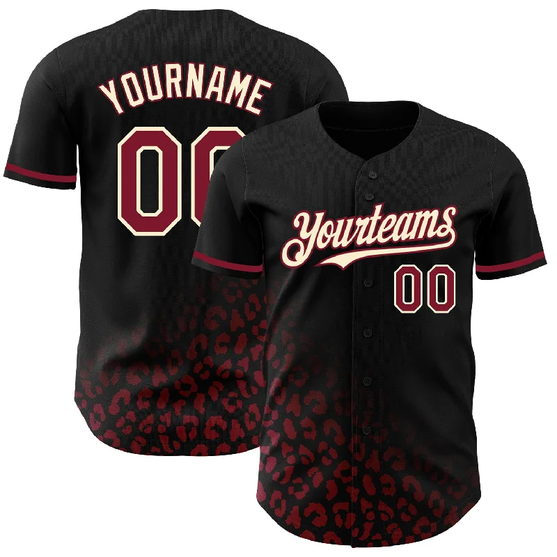 Custom Baseball Jersey For Personalized Customization-Custom Black Crimson-Cream 3D Pattern Design Leopard Print Fade Fashion Authentic Baseball Jersey