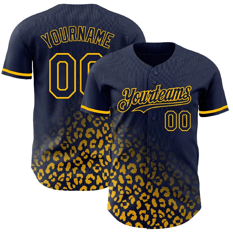 Baseball Jersey For All-Star Teams-Custom Navy Gold 3D Pattern Design Leopard Print Fade Fashion Authentic Baseball Jersey