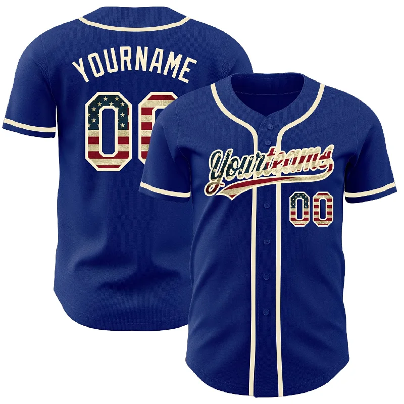 Personalized Baseball Jersey For Gift-Custom Royal Vintage USA Flag-Cream Authentic Baseball Jersey