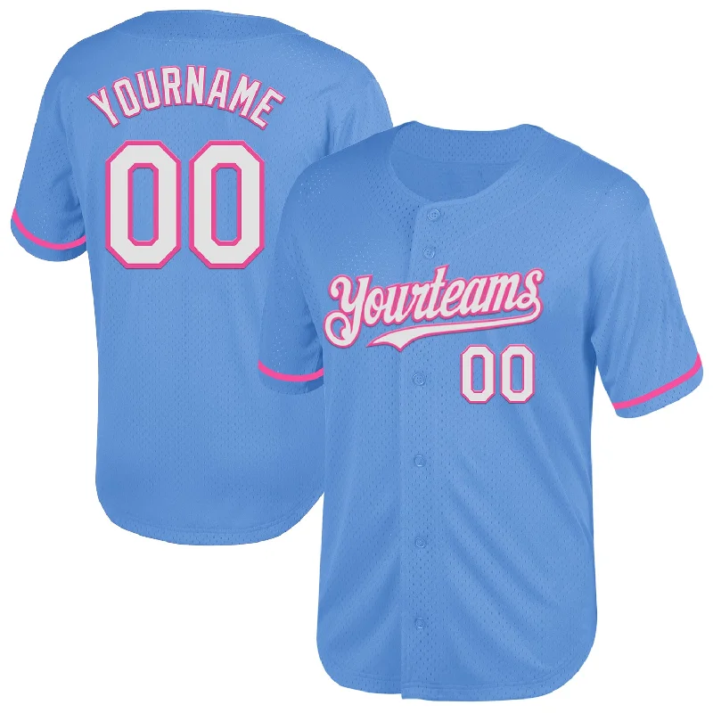 Custom Baseball Jersey For Professional Teams-Custom Light Blue White-Pink Mesh Authentic Throwback Baseball Jersey