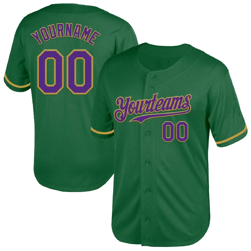 Baseball Jersey For Youth Team Participation-Custom Kelly Green Purple-Old Gold Mesh Authentic Throwback Baseball Jersey