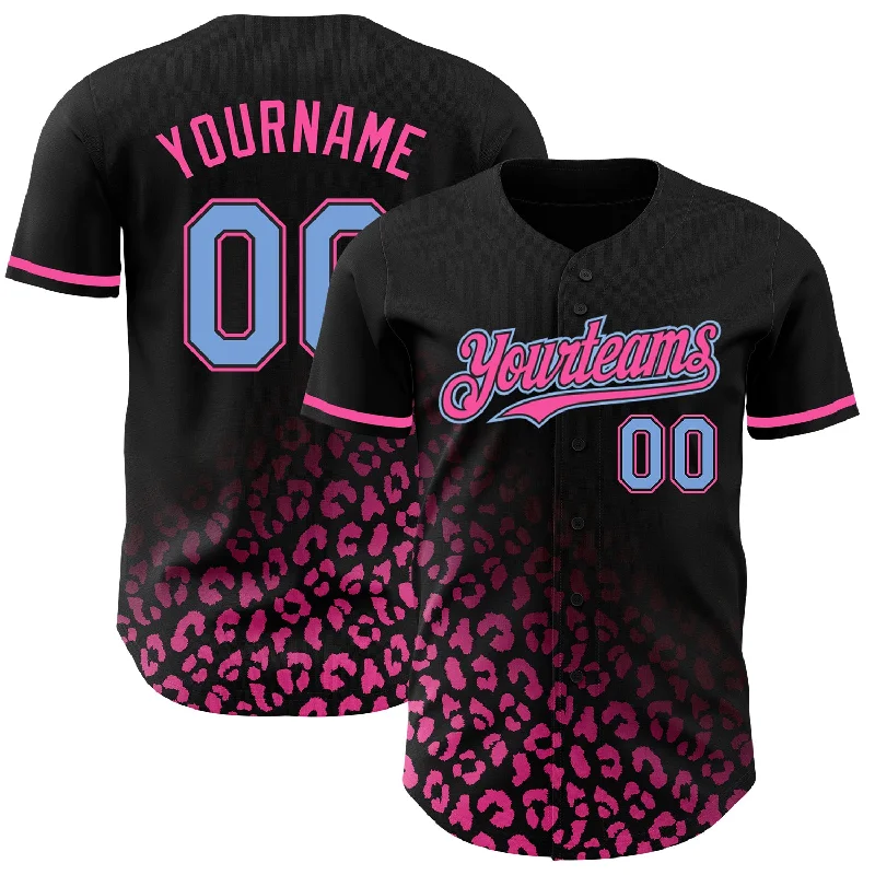 Custom Baseball Jersey For Sporting Achievements-Custom Black Light Blue-Pink 3D Pattern Design Leopard Print Fade Fashion Authentic Baseball Jersey