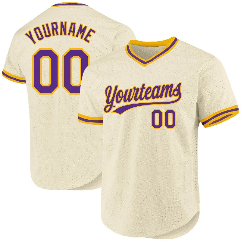 Baseball Jersey For Player Milestone Celebrations-Custom Cream Purple-Gold Authentic Throwback Baseball Jersey