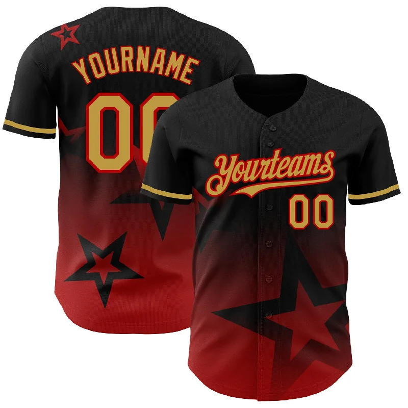 Custom Baseball Jersey For Youth Competition Teams-Custom Black Old Gold-Red 3D Pattern Design Gradient Style Twinkle Star Authentic Baseball Jersey