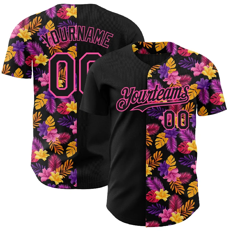 Custom Baseball Jersey For Player Recognition-Custom Black Pink 3D Pattern Design Tropical Flower And Hawaii Palm Leaves Authentic Baseball Jersey