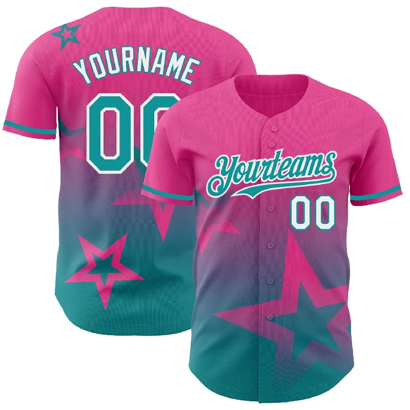 Custom Baseball Jersey For Limited Edition Designs-Custom Pink Teal-White 3D Pattern Design Gradient Style Twinkle Star Authentic Baseball Jersey